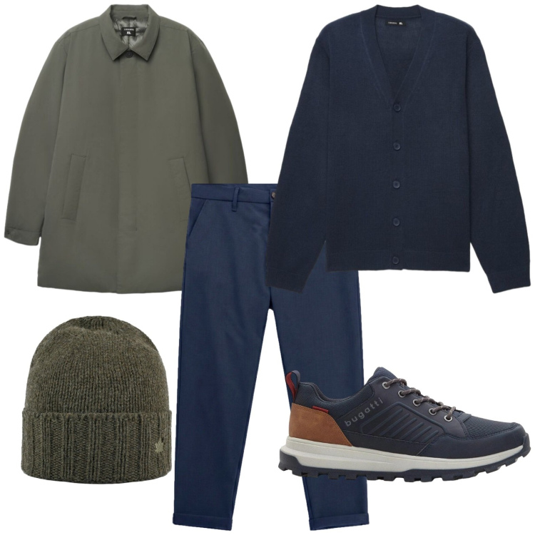 Outfit uomo - trench maschile. Stile Trendy per Tutti i giorni. Abbinamento con pantaloni, cappelli, cardigans, trench, sneakers.