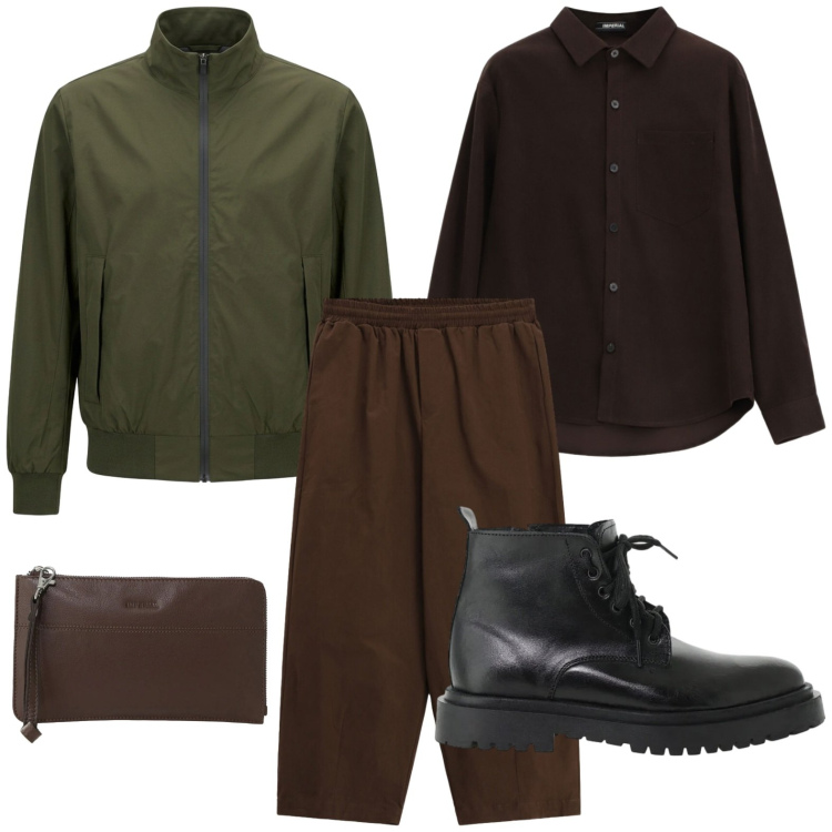 Outfit uomo - Toni del bosco e della terra. Stile Casual per Tutti i giorni. Abbinamento con anfibi, pantaloni a palazzo, portafogli, camicie, giacche.