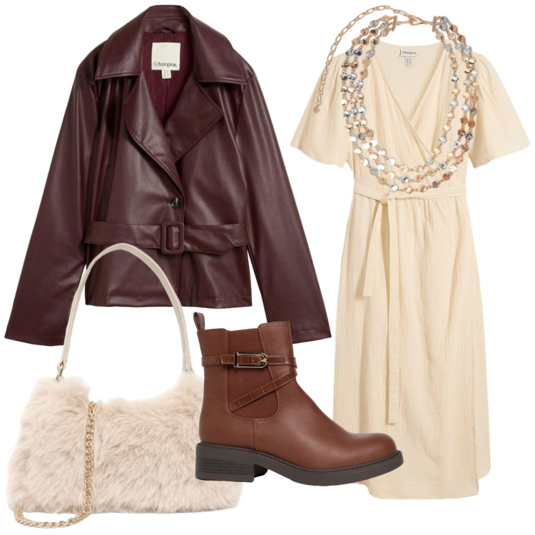 Outfit donna - Trench corto in similpelle. Stile Trendy per Tutti i giorni. Abbinamento con collane, borse a spalla, vestiti, stivaletti, trench.