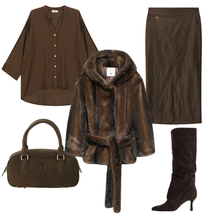 Outfit donna - Lady Brown. Stile Chic per Ufficio. Abbinamento con stivali, borse a mano, camicie, gonne longuette, blazer.