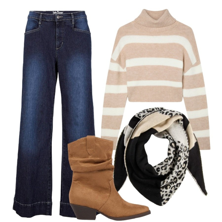 Outfit donna - Tempo libero. Stile Casual per Tutti i giorni. Abbinamento con maglieria, jeans, foulard, stivaletti texani.