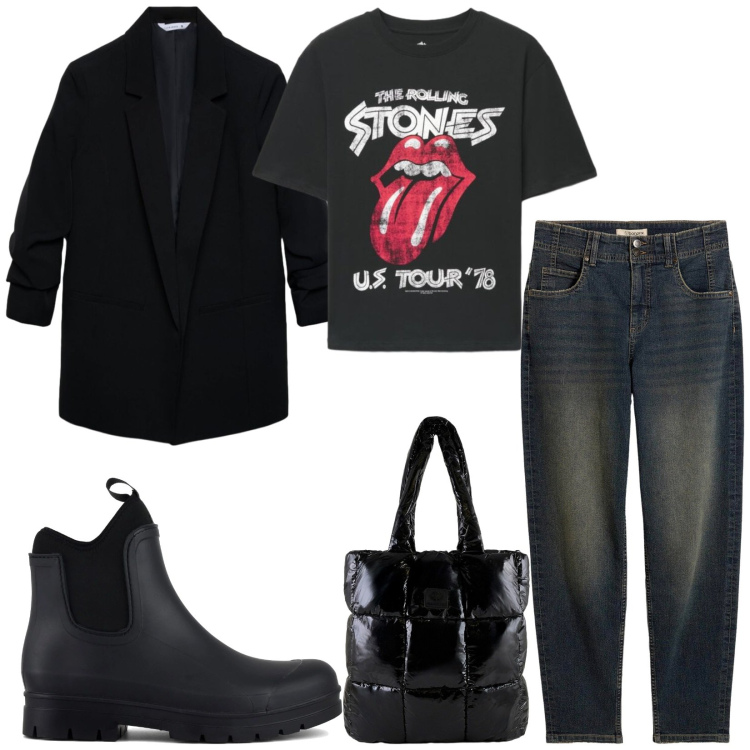Outfit donna - Total look #2493183. Stile Urban per Tutti i giorni. Abbinamento con shopping bag, blazer, t-shirt, jeans mom, stivali.