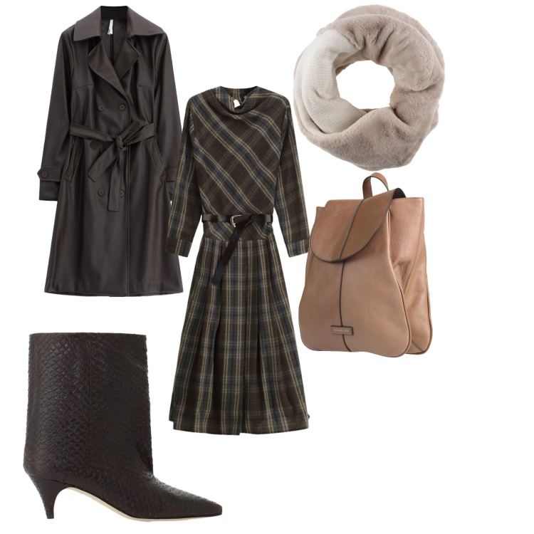 Outfit donna - Trench. Stile Casual chic per Scuola/Università. Abbinamento con trench, vestiti asimmetrici, stivali, sciarpe, zaini.