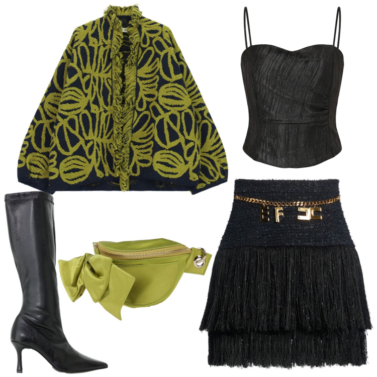 Outfit donna - Serata glamour in discoteca. Stile Glamour per Serata fuori. Abbinamento con marsupi, minigonne, stivali, blazer, top.