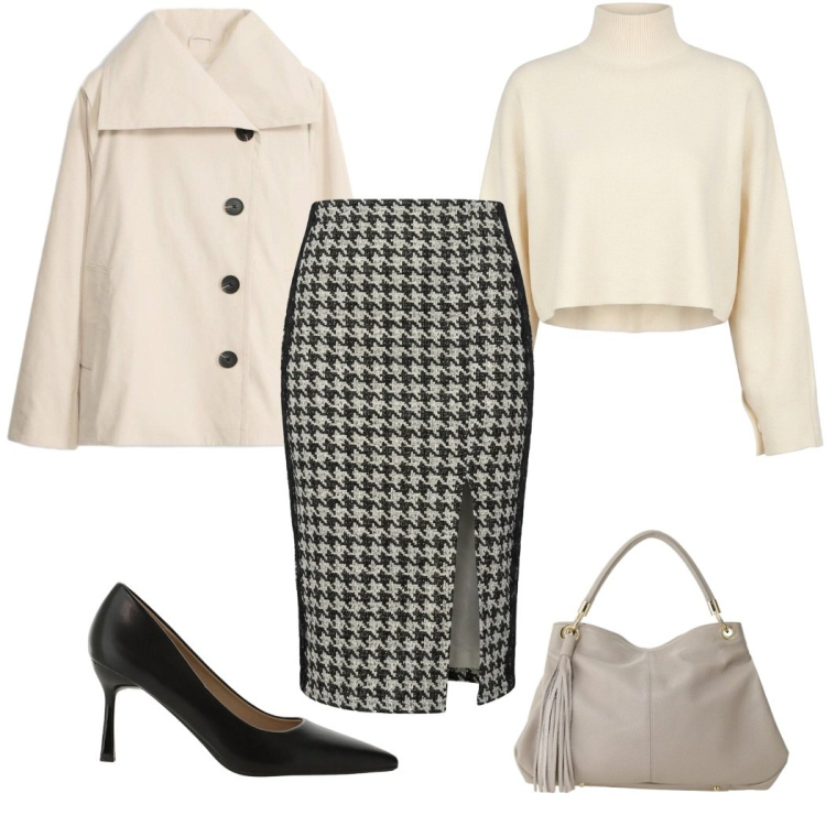 Outfit donna - Smart Layering Strategy glamour. Stile Glamour per Tutti i giorni. Abbinamento con trench, décolleté, borse a spalla, maglieria, gonne lunghe.