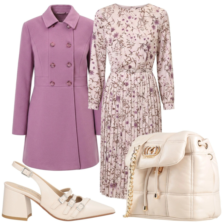 Outfit donna - Giornata in ufficio. Stile Glamour per Ufficio. Abbinamento con vestiti midi/longuette, cappotti, décolleté, valigie.