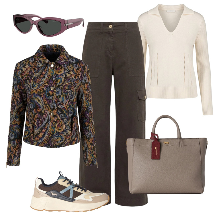 Outfit donna - Weekend Harmont al lago. Stile Sporty chic per Tutti i giorni. Abbinamento con sneakers, pantaloni cargo, maglieria, cappotti, borse a mano, occhiali da sole.