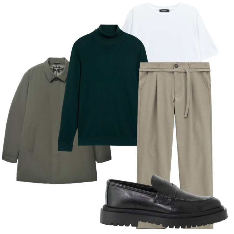 Outfit uomo - Total look #2493201. Stile Casual per Tutti i giorni. Abbinamento con scarpe stringate, pantaloni, t-shirt, trench, maglieria.