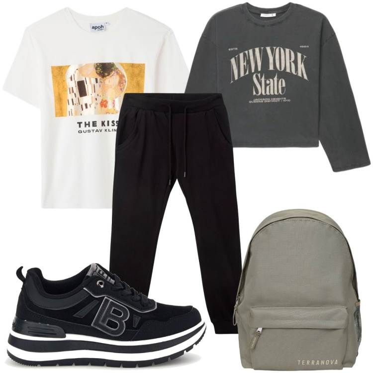 Outfit donna - Terranova - in palestra. Stile Basic per Sport. Abbinamento con t-shirt, pantaloni, t-shirt, zaini, sneakers.