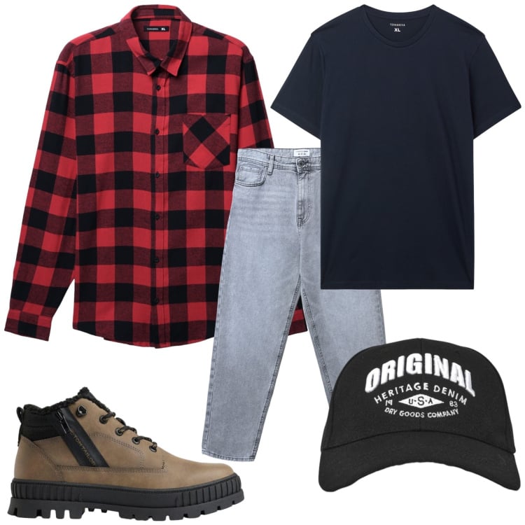 Outfit uomo - Total look #2493204. Stile Casual per Tutti i giorni. Abbinamento con t-shirt, jeans, camicie, cappelli con visiera, stivali e stivaletti.