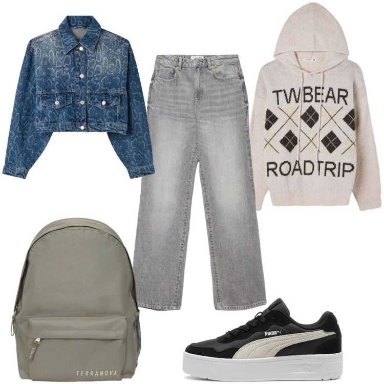 Outfit donna - Terranova - Fall Mid Season Sale denim. Stile Casual per Tutti i giorni. Abbinamento con zaini, jeans dritti, cappotti, felpe con cappuccio, sneakers.