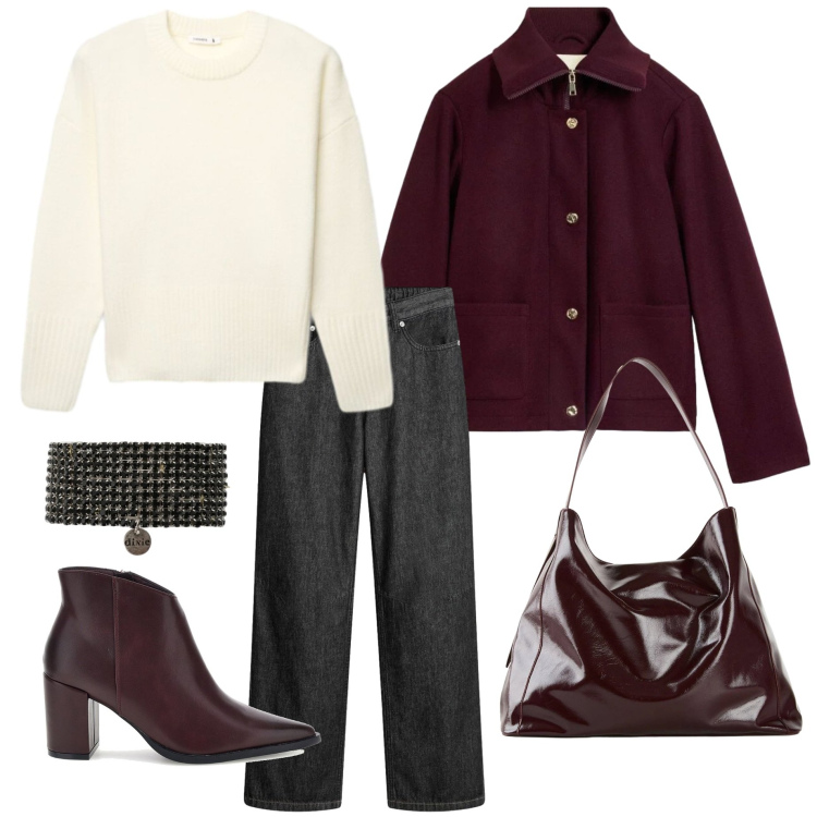 Outfit donna - Due giorni al lago e aperitivo sera. Stile Basic per Tutti i giorni. Abbinamento con braccialetti, maglieria, shopping bag, jeans dritti, blazer, stivaletti.