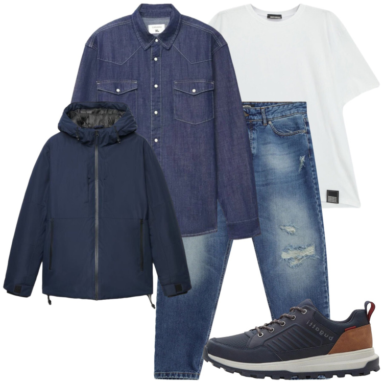 Outfit uomo - Total look #2493208. Stile Casual per Ufficio. Abbinamento con jeans strappati, t-shirt, camicie, giacche, sneakers.