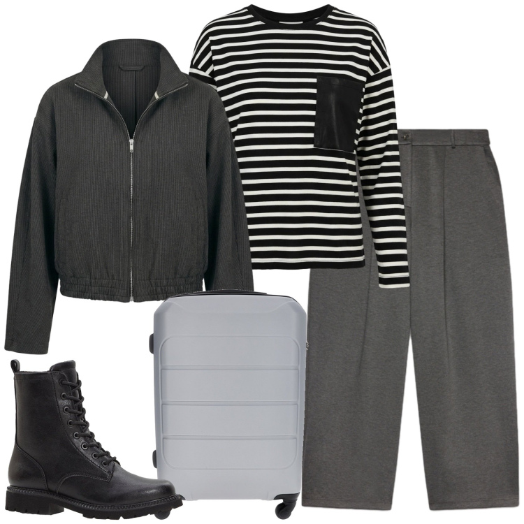 Outfit donna - Fuori. Stile Casual per Tutti i giorni. Abbinamento con pantaloni, bomber, felpe, stivaletti, valigie.