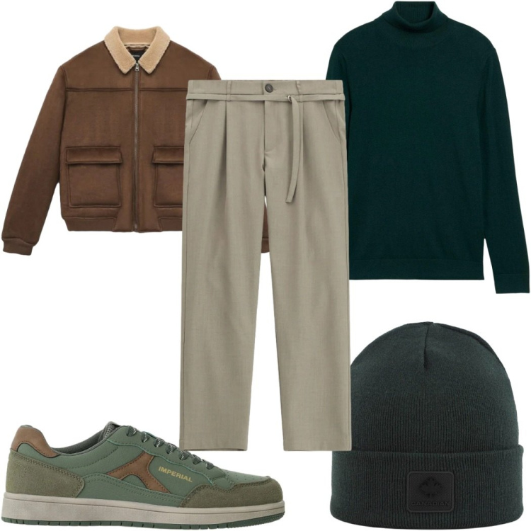 Outfit uomo - Toni del bosco e della terra. Stile Casual per Tutti i giorni. Abbinamento con sneakers, pantaloni, berretti, giacche, maglieria.