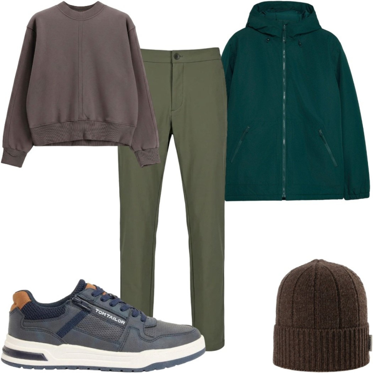 Outfit uomo - Toni del bosco e della terra. Stile Casual per Tutti i giorni. Abbinamento con felpe, pantaloni, berretti, sneakers, giacche.