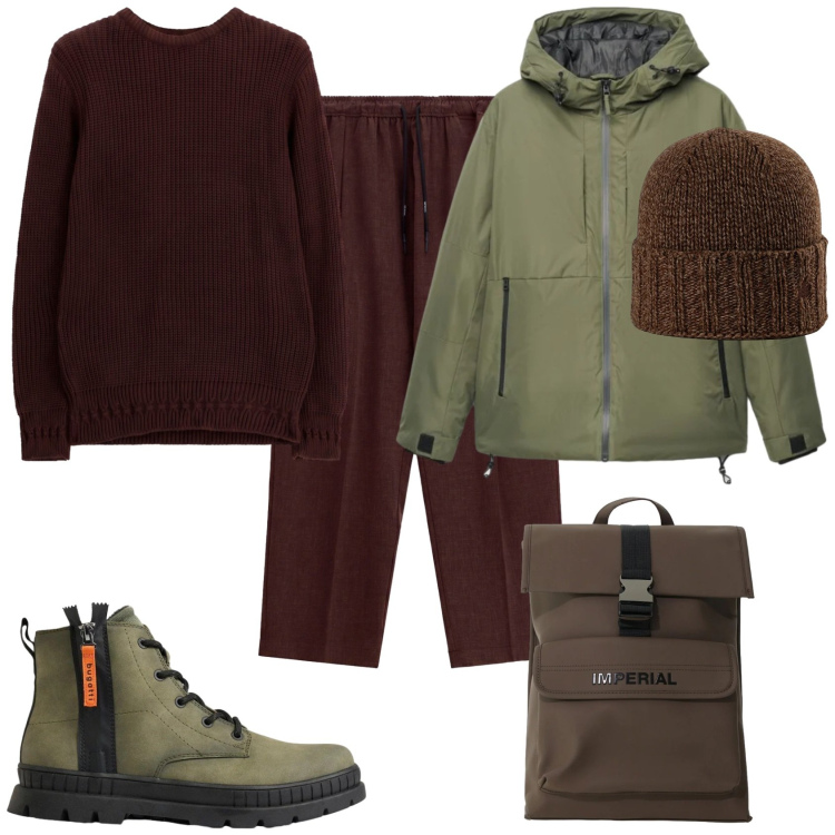Outfit uomo - Total look #2493215. Stile Casual per Tutti i giorni. Abbinamento con pantaloni, borse sportive, maglieria, berretti, giacche, stivali e stivaletti.