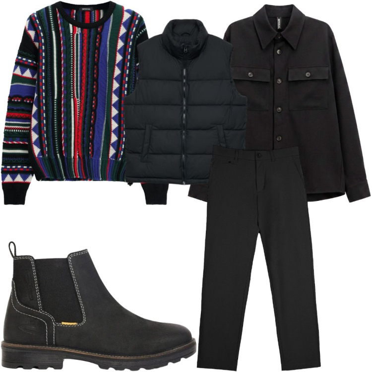 Outfit uomo - Maglieria e layering trendy. Stile Trendy per Tutti i giorni. Abbinamento con maglieria, cappotti, pantaloni chino, piumini, stivali e stivaletti.