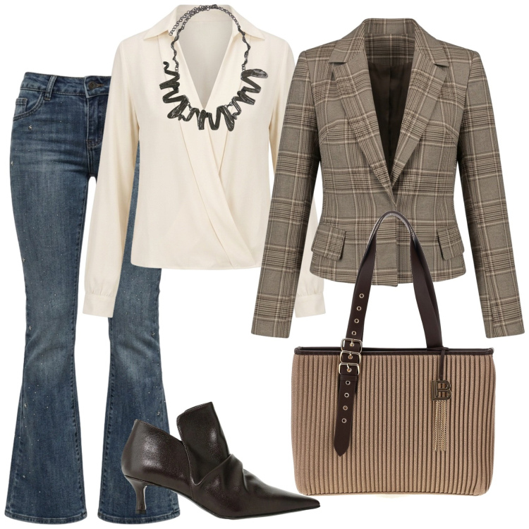 Outfit donna - Total look #2493220. Stile Casual chic per Tutti i giorni. Abbinamento con stivaletti, ciondoli, bluse, jeans, blazer, borse a spalla.