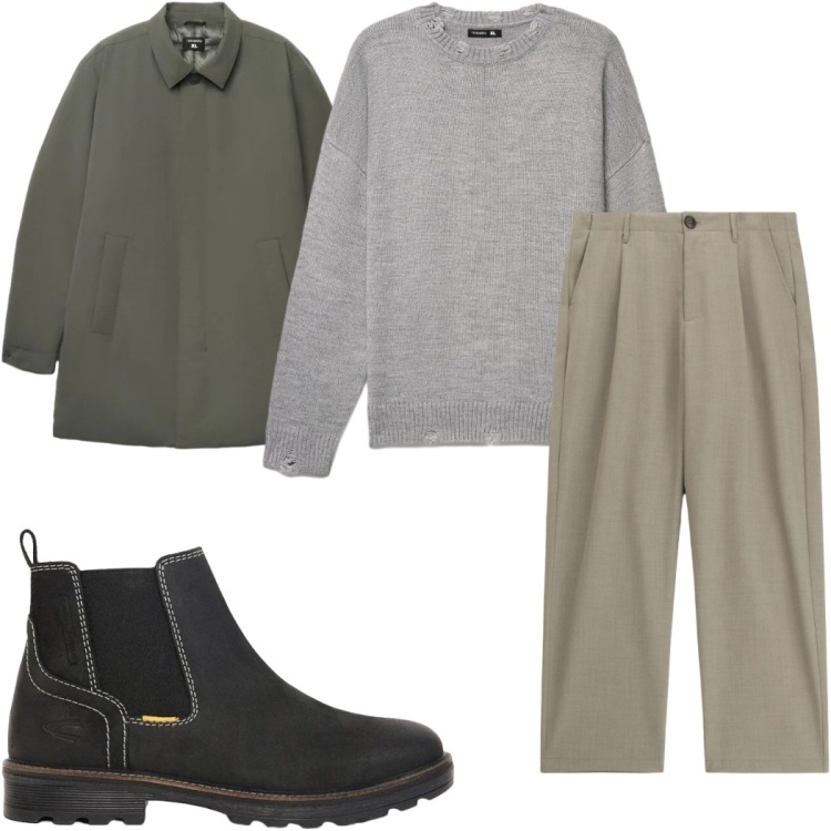 Outfit uomo - Il trench maschile. Stile Casual per Tutti i giorni. Abbinamento con pantaloni, trench, maglieria, stivali e stivaletti.
