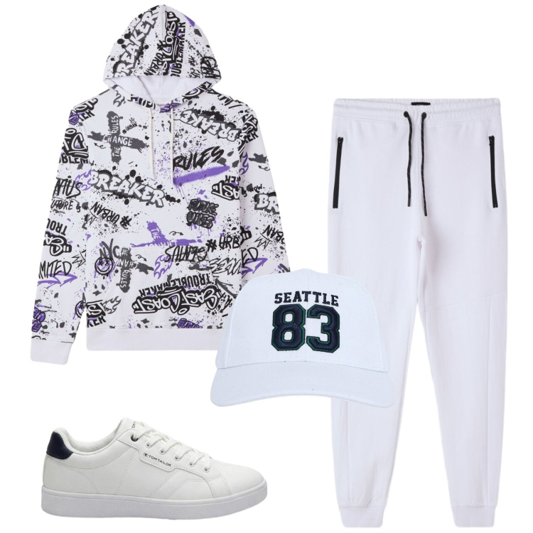 Outfit uomo - Total look #2493225. Stile Urban per Tutti i giorni. Abbinamento con cappelli con visiera, pantaloni, felpe con cappuccio, sneakers.
