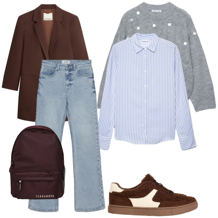 Outfit donna - Total look #2493230. Stile Chic per Tutti i giorni. Abbinamento con maglieria, zaini, jeans bootcut, camicie, blazer, sneakers.