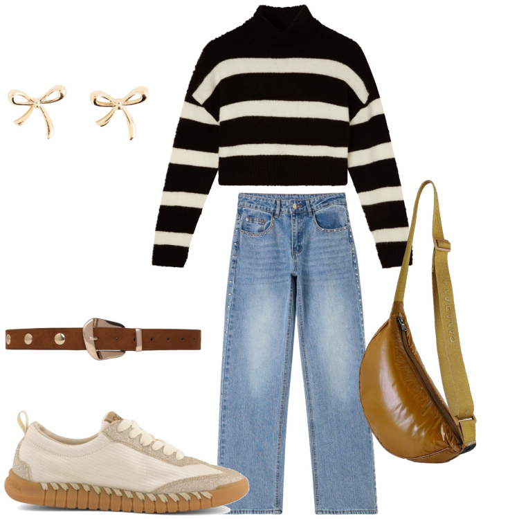 Outfit donna - Total look #2493232. Stile Glamour per Tutti i giorni. Abbinamento con borse a tracolla, maglieria, cinture, jeans, sneakers, orecchini.