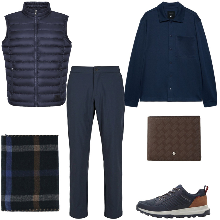 Outfit uomo - Casual. Stile Casual per Ufficio. Abbinamento con sciarpe, portafogli, pantaloni, piumini, camicie, sneakers.