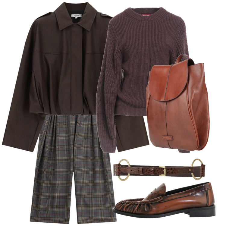 Outfit donna - Fall office. Stile Casual chic per Ufficio. Abbinamento con pantaloni a palazzo, mocassini, bomber, cinture, pullovers, zaini.