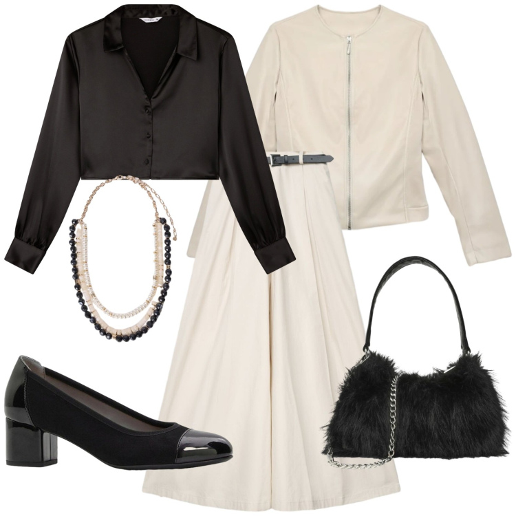 Outfit donna - Camicia nera e completo bianco. Stile Chic per Cerimonia. Abbinamento con collane, camicie, pantaloni, borse a spalla, giacche, décolleté.
