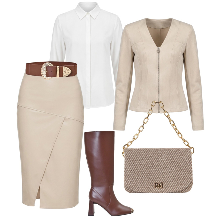 Outfit donna - Ufficio Rinascimento. Stile Glamour per Ufficio. Abbinamento con gonne longuette, cinture, stivali sopra il ginocchio, camicie, borse a spalla, cappotti.