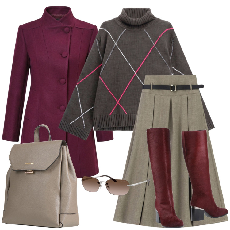 Outfit donna - Total look #2493258. Stile Casual chic per Tutti i giorni. Abbinamento con gonne lunghe, pullovers, occhiali da sole, cappotti, stivali, zaini.
