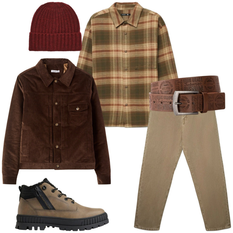 Outfit uomo - Total look #2493260. Stile Trendy per Tutti i giorni. Abbinamento con cappotti, jeans, camicie, berretti, cinture, stivali e stivaletti.