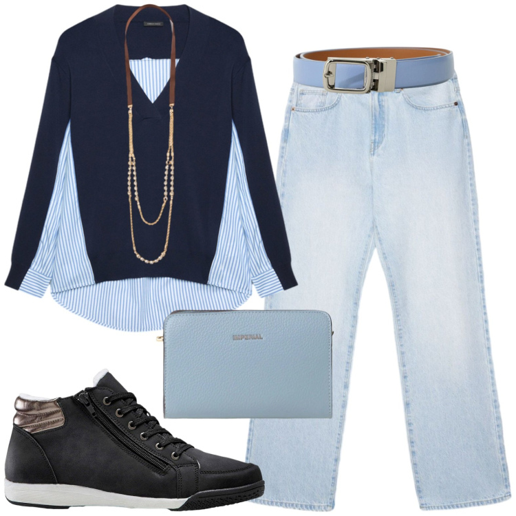 Outfit donna - Casual. Stile Casual chic per Tutti i giorni. Abbinamento con borse a tracolla, cinture, collane, maglieria, jeans dritti, sneakers alte.