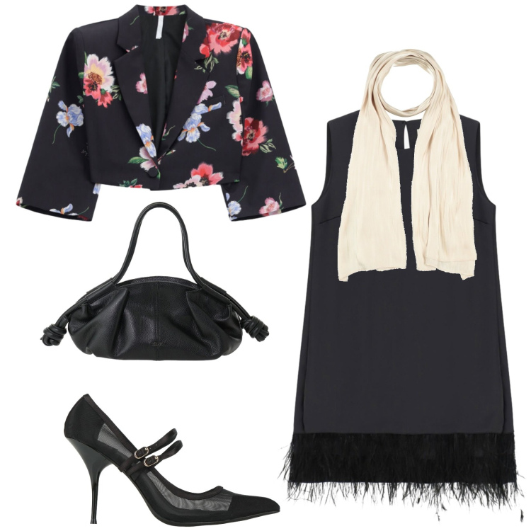Outfit donna - Total look #2493264. Stile Chic per Serata fuori. Abbinamento con blazer, borse a mano, vestiti corti, décolleté, sciarpe.