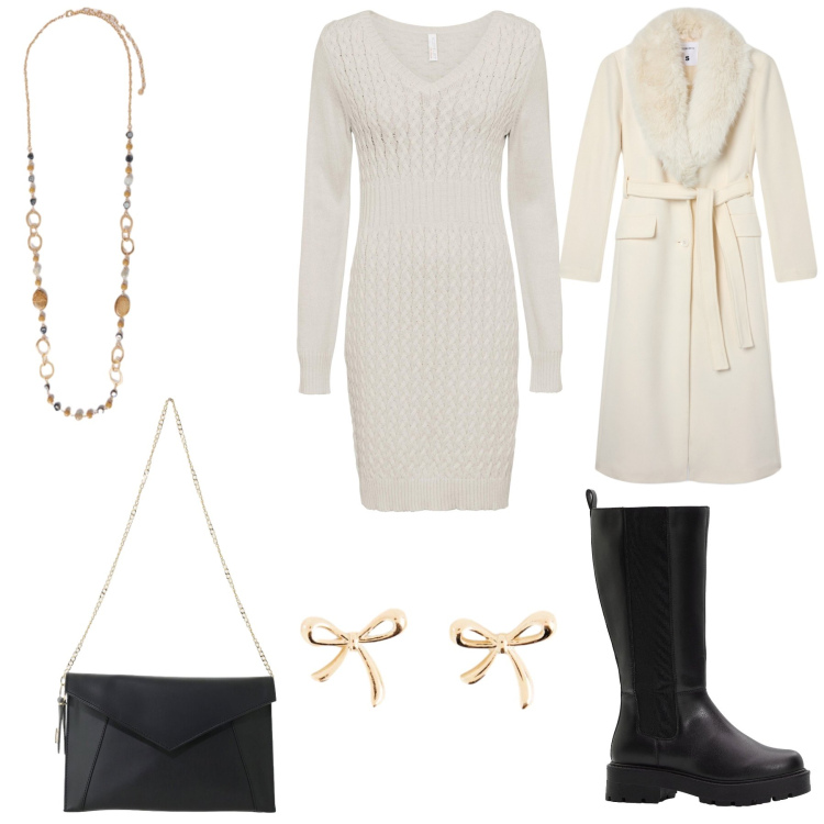 Outfit donna - Giornata d’autunno. Stile Glamour per Tutti i giorni. Abbinamento con borse a tracolla, collane, cappotti, stivali, orecchini, vestiti.