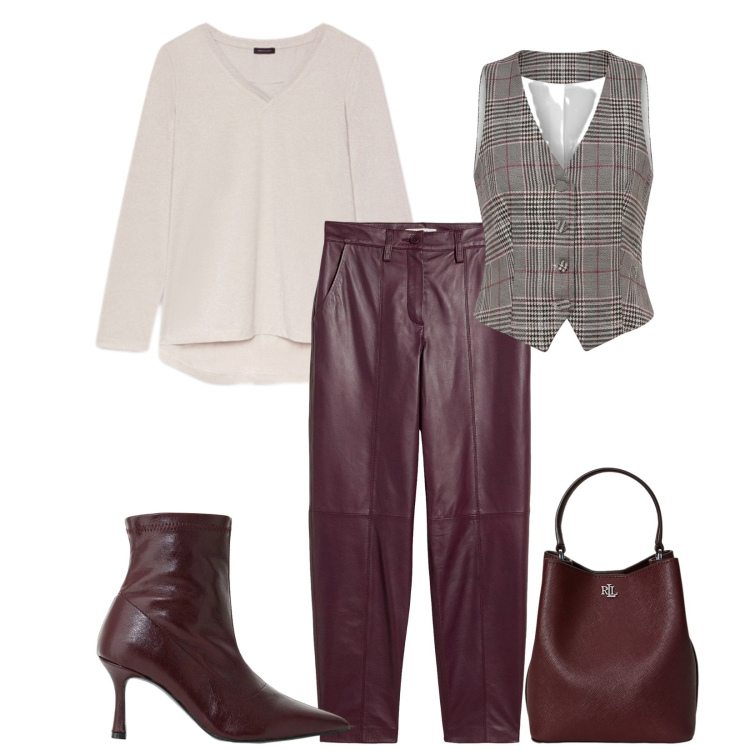 Outfit donna - Ottobre. Stile Chic per Ufficio. Abbinamento con t-shirt, stivaletti, borse a secchiello, gilet, pantaloni.
