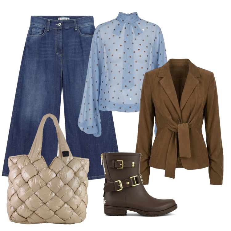 Outfit donna - Look passpartou. Stile Urban per Tutti i giorni. Abbinamento con pantaloni culotte, borse tote, bluse, blazer, stivaletti.