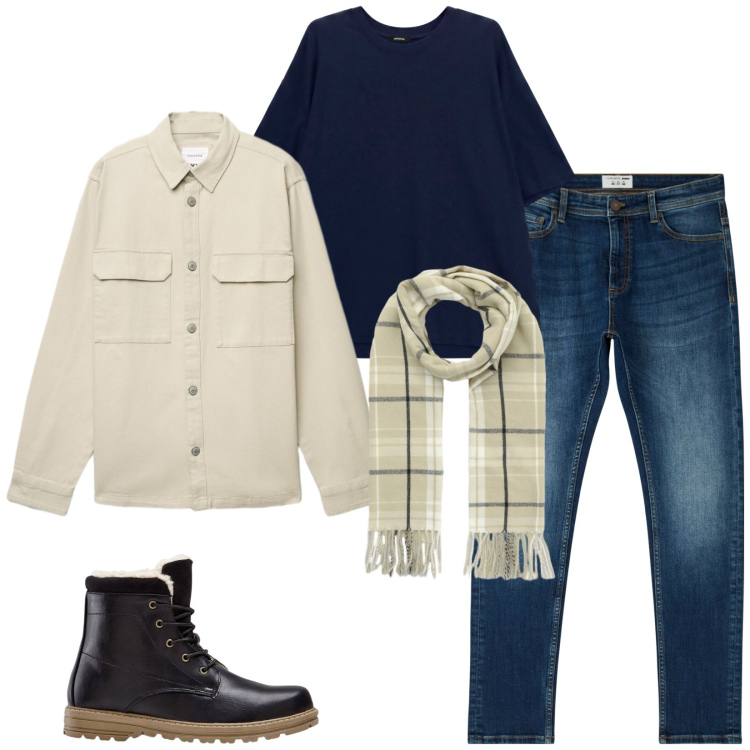 Outfit uomo - Total look #2493269. Stile Trendy per Tutti i giorni. Abbinamento con t-shirt, jeans skinny, cappotti, sciarpe, stivali e stivaletti.