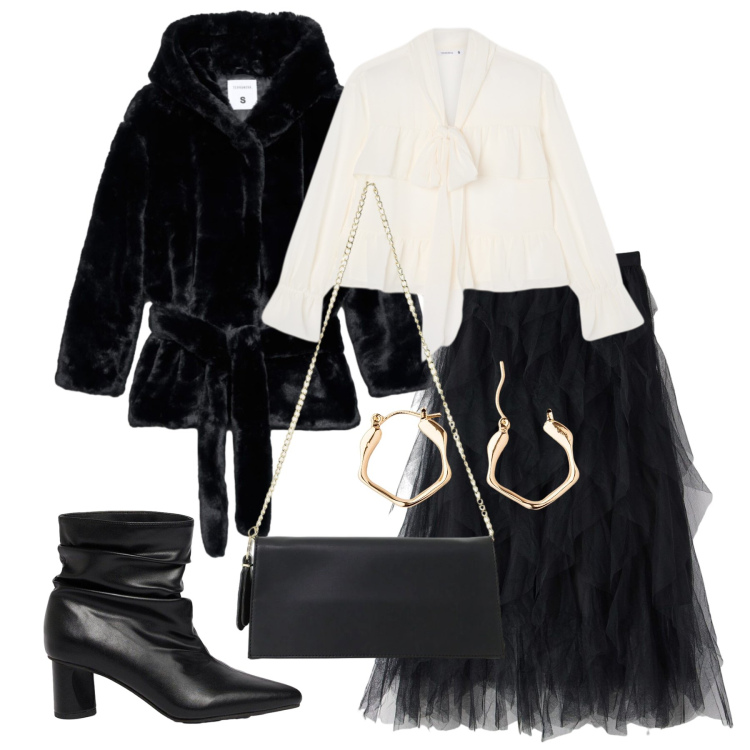 Outfit donna - Ottobre. Stile Glamour per Serata fuori. Abbinamento con borse a tracolla, cappotti, camicie, gonne lunghe, orecchini, stivaletti.