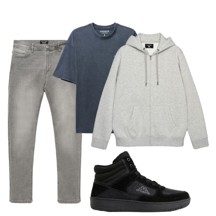 Outfit uomo - Total look #2493275. Stile Casual per Tutti i giorni. Abbinamento con t-shirt, jeans skinny, felpe con cappuccio, sneakers alte.