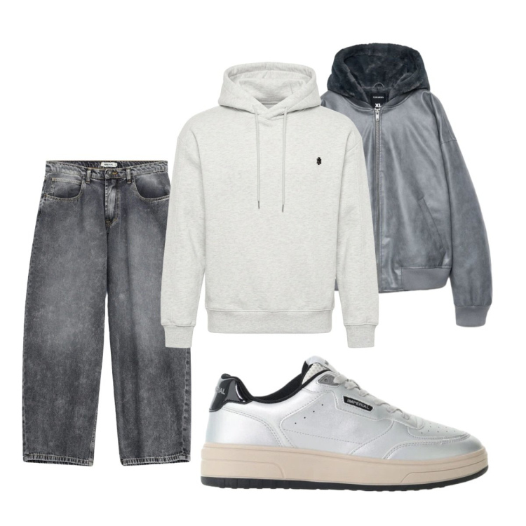 Outfit uomo - Total look #2493276. Stile Casual per Tutti i giorni. Abbinamento con sneakers, jeans, felpe con cappuccio, bomber.
