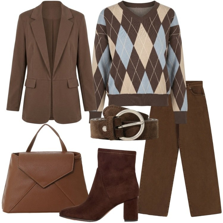 Outfit donna - Weekend Out of Town. Stile Casual chic per Tutti i giorni. Abbinamento con borse a mano, jeans dritti, cinture, blazer, maglieria, stivaletti.