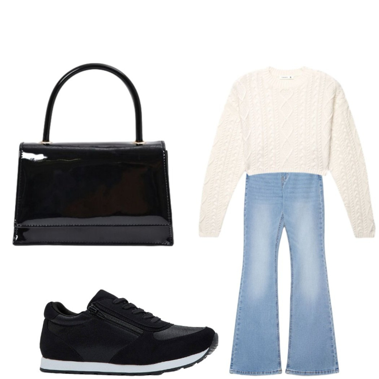 Outfit donna - Look invernale. Stile Casual per Tutti i giorni. Abbinamento con borse a mano, jeans a zampa, maglieria, sneakers.