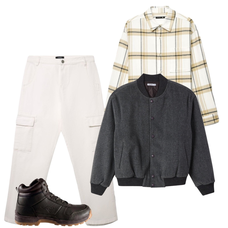 Outfit uomo - Total look #2493311. Stile Casual per Tutti i giorni. Abbinamento con bomber, pantaloni cargo, camicie, stivali e stivaletti.