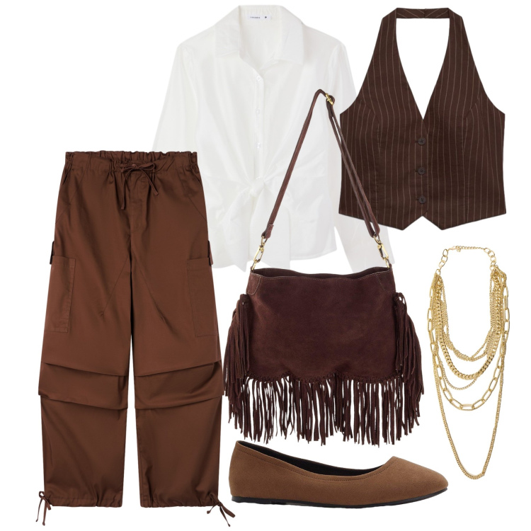 Outfit donna - Ottobre. Stile Casual chic per Tutti i giorni. Abbinamento con collane, pantaloni cargo, camicie, gilet, ballerine, borse a tracolla.