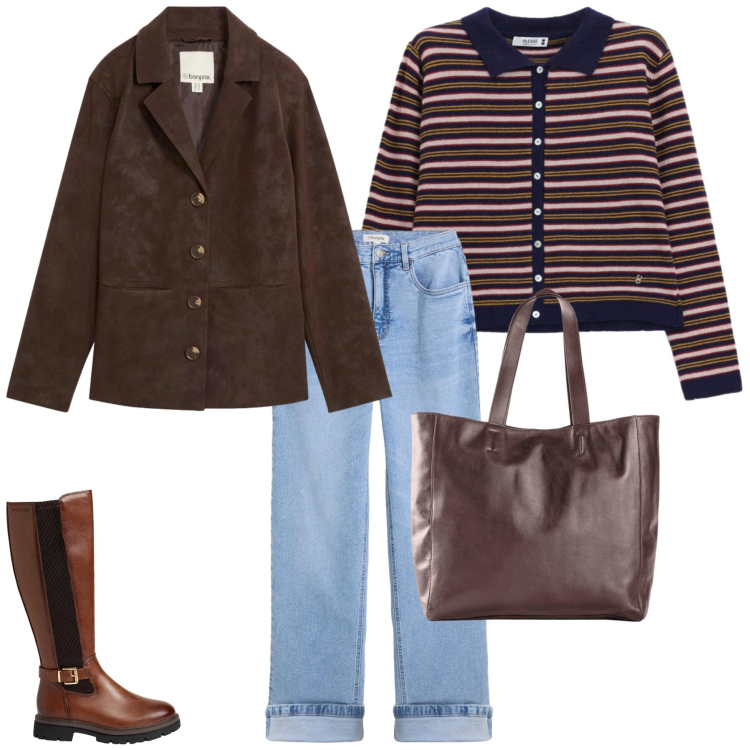 Outfit donna - Total look #2493314. Stile Casual chic per Tutti i giorni. Abbinamento con cardigans, shopping bag, blazer, jeans dritti, stivali.