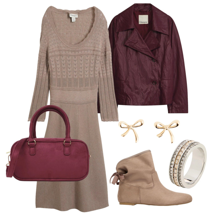 Outfit donna - Ottobre. Stile Trendy per Tutti i giorni. Abbinamento con borse a tracolla, vestiti, stivaletti, anelli, blazer, orecchini.