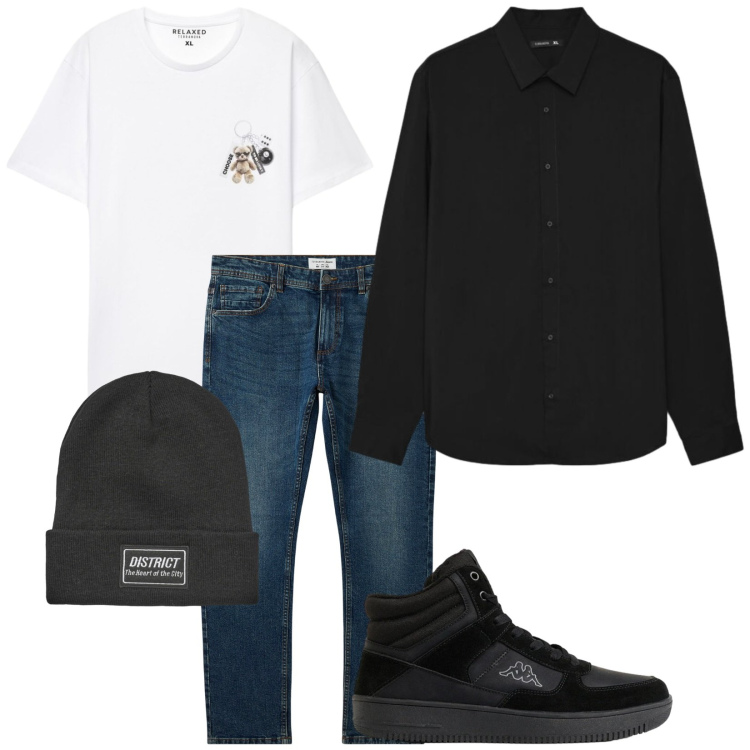 Outfit uomo - Total look #2493320. Stile Casual per Tutti i giorni. Abbinamento con jeans, berretti, camicie, t-shirt, sneakers alte.