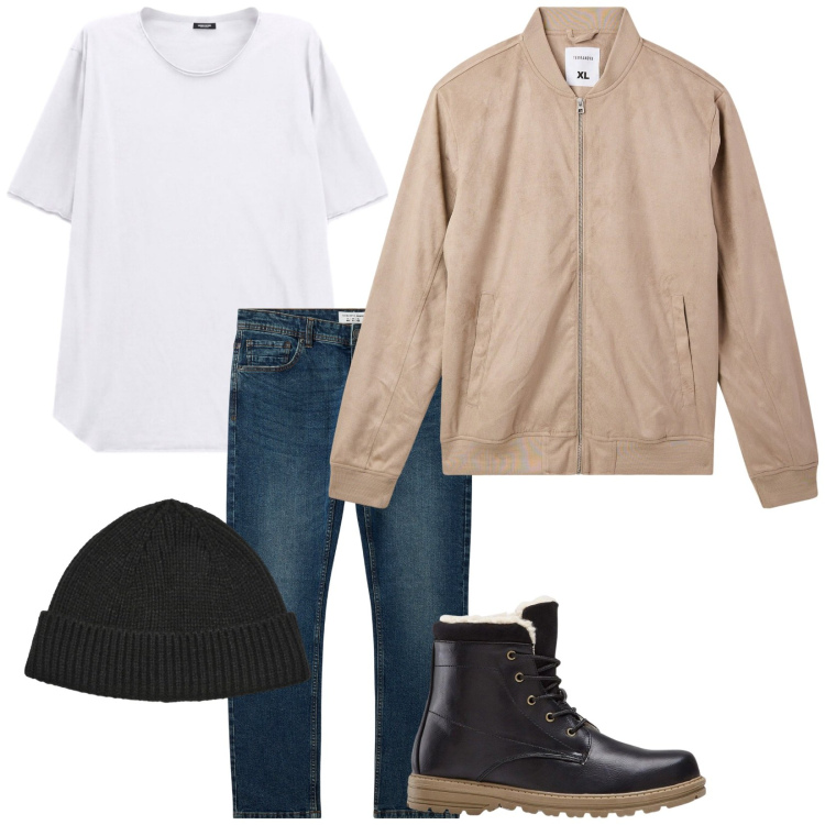Outfit uomo - Total look #2493324. Stile Casual per Tutti i giorni. Abbinamento con t-shirt, jeans, bomber, berretti, stivali e stivaletti.